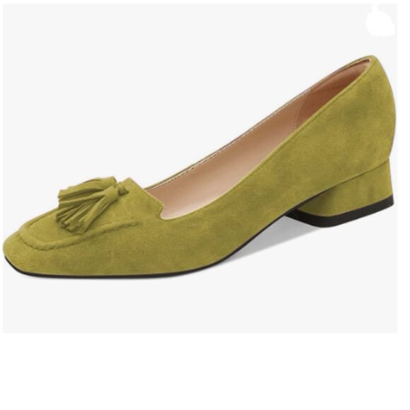 YDN Olive Block Low Heel Loafers Square Toe Tassel Fringed Pump Slip On Shoe - Picture 1 of 8